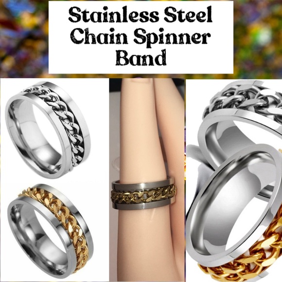 Two Tone Stainless Steel Chain Spinner Band Ring - Picture 2 of 5
